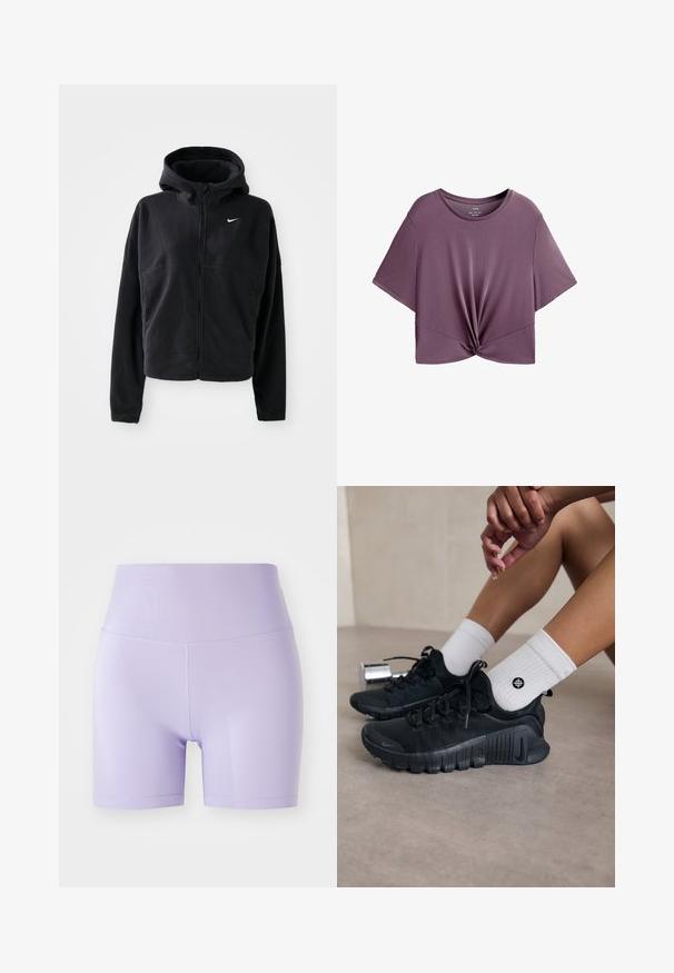 Giacca in pile nera con cappuccio, apertura con zip e logo Nike ricamato in bianco sul lato sinistro del petto. Presenta una silhouette cropped.; Crop top a maniche corte di un profondo colore lavanda, realizzato in morbido tessuto jersey, con dettaglio incrociato sul davanti e scollatura rotonda.; Pantaloni corti attivi lavanda con vita alta, materiale elasticizzato e liscio, e taglio fino al ginocchio. Presentano cuciture piatte per il massimo comfort.; Scarpe da ginnastica nere con tessuto texturizzato, design con lacci e suola prominente, abbinate a calze bianche a coste con un piccolo logo.