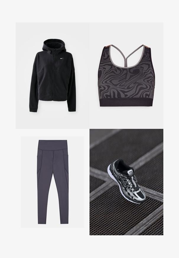 Schwarze Fleecejacke mit Kapuze, Reißverschluss vorne und gesticktem weißen Nike-Logo auf der linken Brust. Hat eine verkürzte Silhouette.; Schwarzer Sport-BH mit grauemwirbelndem Muster, mit scoopförmigem Ausschnitt und Racerback-Design. Hergestellt aus strukturiertem Strickstoff.; Dunkelgraue Leggings mit hohem Taillenbund, ausgestattet mit Seitentaschen und strukturierten Nähdetails. Hergestellt aus dehnbarem, atmungsaktivem Material.; Nike-Laufschuh mit einem schwarz-silbernen Farbschema, Mesh-Obermaterial, strukturiertem Sohle und Schnürsystem für einen sicheren Sitz.
