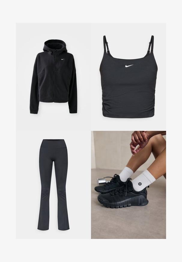 Schwarze Fleecejacke mit Kapuze, Reißverschluss vorne und gesticktem weißen Nike-Logo auf der linken Brust. Hat eine verkürzte Silhouette.; Schwarzes Sport-Crop-Top mit dünnen, verstellbaren Trägern, ausgestattet mit einem weißen Nike-Logo auf der Brust und einem gerafften Design am Saum. Glatte Textur.; Schwarze ausgestellte Leggings aus dehnbarem Material, mit hohem Bund und Seitentaschen für Funktionalität. Glatte Textur, minimales Design.; Schwarze Sportschuhe aus strukturiertem Stoff, mit Schnürdesign und auffälliger Sohle, kombiniert mit weißen gerippten Socken, die ein kleines Logo tragen.
