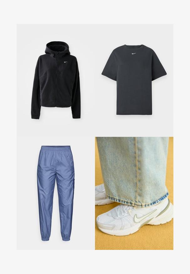 Fekete bolyhos kabát kapucnival, cipzáras elülső résszel és hímzett fehér Nike logóval a bal mellen. Rövidített fazonú.; Fekete pamut póló kerek nyakkivágással és rövid ujjal. Kicsi fehér Nike logó található a mellkason. Egyenes fazon és sportos design.; Világoskék, fényes sportnadrág elasztikus derékkal, beszűkített lábakkal és oldalsó cargo zsebbel; sima, könnyű anyagból készült.; Fehér sportcipők hálós felsőrésszel, zöld részletekkel, texturált talppal, világoskék farmernadrággal párosítva, amelynek a szegélye szakadt.