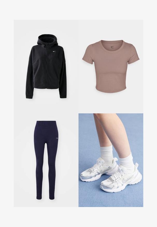 Melna vilnas jaka ar kapuci, ar rāvējslēdzēju priekšā un izšūtu baltu Nike logo kreisajā krūtī. Iezīmējas ar saīsinātu siluetu.; Brūns kropts T-krekls, izgatavots no gludas auduma, ar apaļu kakla izgriezumu un īsām piedurknēm. Nike logo drukāts apkakles iekšpusē.; Jūras zils legingu komplekts ar augstu jostasvietu, izgatavots no elastīgas auduma, ar smalku rakstu un mazu logotipu kreisajā augšstilbā.; Baltie sporta apavi ar sieta materiāla un sintētiskajām virsmām, ar sudraba Nike logotipu, un apvienoti ar ribotām baltām zeķēm uz zila fona.