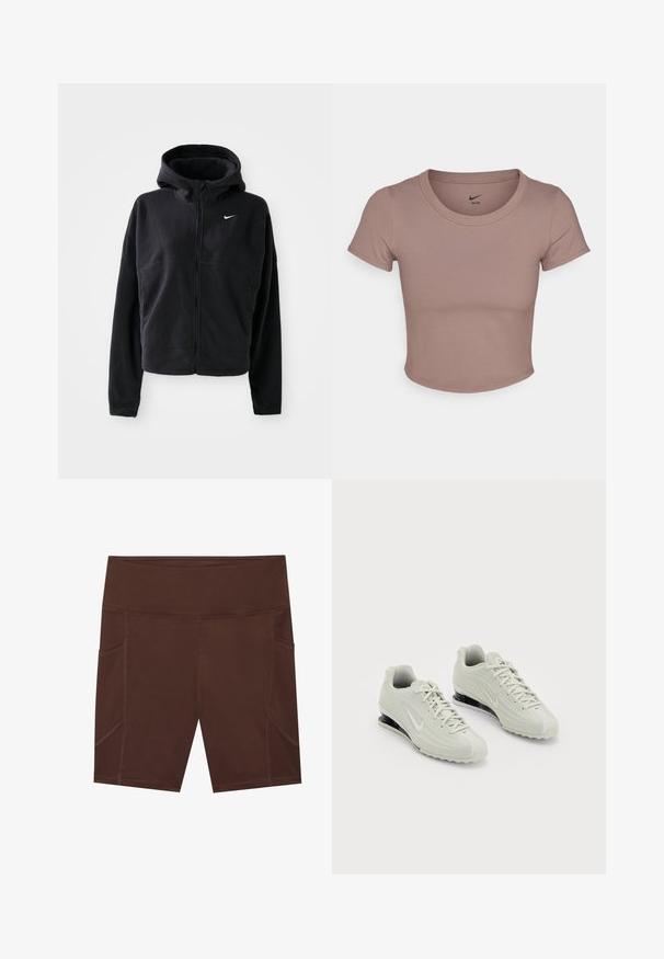 Jachetă din fleece neagră cu glugă, fermoar în față și logo-ul Nike brodat în alb pe pieptul stâng. Prezintă o siluetă scurtă.; Tricou scurt maro, confecționat dintr-un material neted, cu decolteu rotund și mâneci scurte. Logo-ul Nike imprimat pe interiorul gulerului.; Shorts atletici maro, dintr-un material neted, având talie înaltă, buzunare laterale și detalii de cusătură contrastante.; Tenisi Nike albi cu un superior texturat, având un vârf neted și accente de amortizare negre. Stil cu șireturi și cu un călcâi întărit.