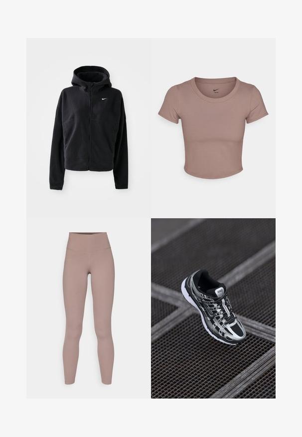 Must värvitud fliisjakk kapuutsiga, ees lukuga ja vasakul rinnaäärel tikitud valge Nike'i logo. Omab lühikest siluetti.; Pruun lühikeste varrukatega lühikese lõikega T-särk, mis on valmistatud siledast kangast ja millel on ümar kaelus. Nike logo on trükitud krae sisse.; Kõrgelt talje aktiivsed retuusid tuhmis maasikavärvis, valmistatud siledast ja venivast kangast, ilma õmblusteta kujunduse ja nähtavate komponentideta.; Nike jooksutossud musta ja hõbedase värvigammaga, võrkmaterjalist pealts, tekstuuriga tallad ja kindla istumise tagav paeltesüsteem.