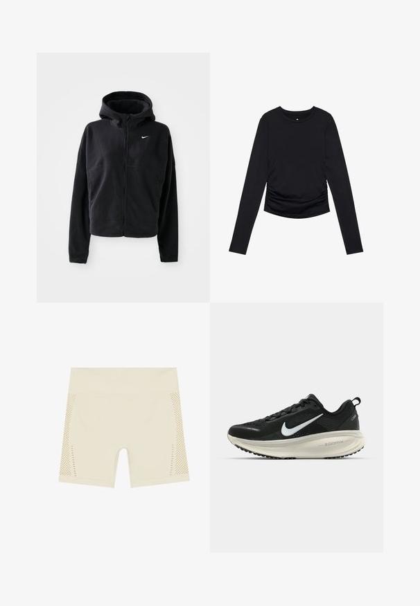 Black fleece jacket with a hood, zip front, and embroidered white Nike logo on the left chest. Features a cropped silhouette.; Black long-sleeve top with a round neckline and gathered detailing at the sides, displayed against a plain white background.; High-waisted cycling shorts in light beige. Made of smooth fabric with mesh side panels featuring small cutouts for breathability.; Black Nike running shoe with breathable mesh upper, white swoosh logo, textured detailing, and a cream-colored ZoomX midsole.