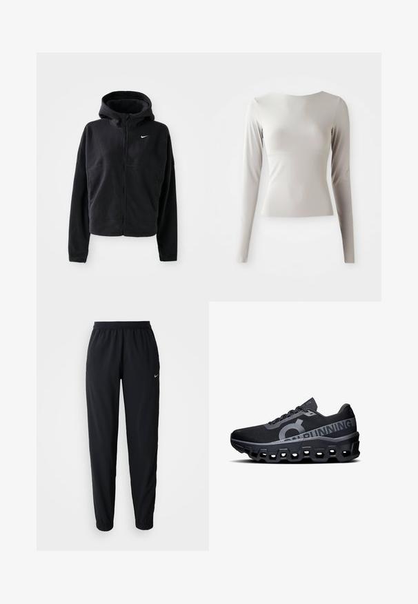 Veste en polaire noire avec capuche, fermeture éclair à l'avant et logo Nike brodé en blanc sur le côté gauche de la poitrine. Présente une silhouette cropped.; Haut à manches longues gris clair en tissu lisse et soyeux, avec un encolure ronde et une silhouette ajustée. L'ourlet est légèrement évasé en bas.; Pantalons de jogging Nike noirs avec une taille élastique, des jambes fuselées et des chevilles resserrées, présentant un subtil motif texturé et un détail de logo.; Baskets de course noires avec une tige en maille texturée, présentant un logo-proéminent et des accents réfléchissants. Semelle épaisse en mousse avec des découpes hexagonales.
