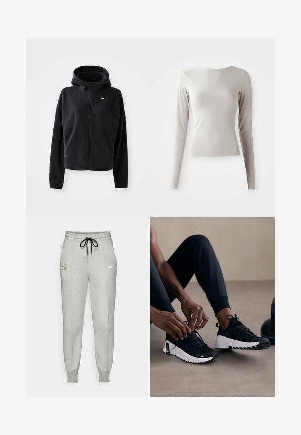 Fekete bolyhos kabát kapucnival, cipzáras elülső résszel és hímzett fehér Nike logóval a bal mellen. Rövidített fazonú.; Világosszürke, hosszú ujjú felső, sima, csúszós anyagból készült, kerek nyakkivágással és testhez simuló fazonnal. Az alja enyhén ki van bővülve.; Világosszürke melegítők fekete zsinórral, rugalmas mandzsettákkal, bal combon FC Barcelona logóval, és neon Nike logóval a jobb combon.; Fekete sportcipők texturált fekete felsőrésszel, fehér talppal és gumis bördöcökkel. A fűzők meg vannak kötve, mutatva a letisztult dizájnt és a logót.