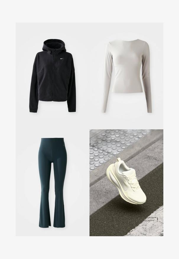 Čierna fleecová bunda s kapucňou, predným zipsom a vyšívaným bielym logom Nike na ľavej hrudi. Má skrátený strih.; Svetlošedý dlhý rukáv top vyrobený z hladkej, jemnej tkaniny s okrúhlym výstrihom a priliehavým strihom. Spodný lem je na konci mierne rozšírený.; Tmavomodré legíny s rozšírením, vysokým pásom a elastickým materiálom. Obsahujú nenápadný detail loga blízko pása. Hladká textura.; Biele bežecké topánky s textúrovaným zvrškom, sieťovinovými panelmi, šnúrkami a polstrovanou podrážkou. Obsahujú reflexný akcent a mierny ohyb.