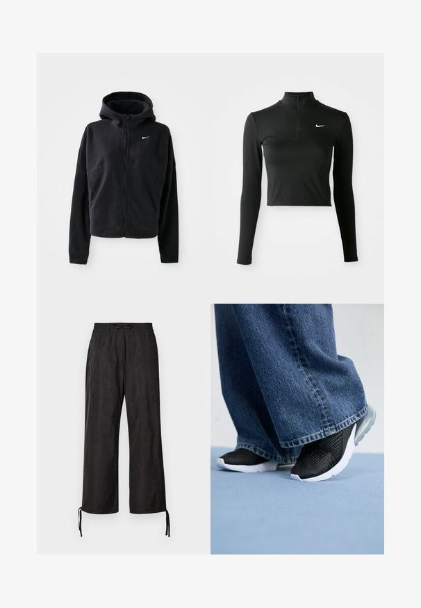 Fekete bolyhos kabát kapucnival, cipzáras elülső résszel és hímzett fehér Nike logóval a bal mellen. Rövidített fazonú.; Fekete, hosszú ujjú, rövidített sportfelső félig cipzárral és fehér Nike logóval a bal mellrészen. Simító, rugalmas anyag.; Fekete, bő szárú nadrág rugalmas derékkal és állítható húzózsinórokkal a bokán. Simogatós anyag, enyhe fényes hatással.; Fekete sportcipők hálós részletezéssel, fehér talppal és látható légpárnázással, kék farmer széles szárú nadrággal párosítva.