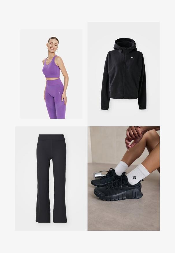Čierna fleecová bunda s kapucňou, predným zipsom a vyšívaným bielym logom Nike na ľavej hrudi. Má skrátený strih.; Cardio Bunny CHILL CROP - Top - purple; Čierne rozširujúce nohavice vyrobené z elastického materiálu s vysokým pásom. Majú čisté línie a hladkú textúru, vhodné na bežné nosenie.; Čierne športové topánky s textúrovanou látkou, šnurovací dizajn a výrazná podrážka, doplnené o biele rebrované ponožky s malým logom.