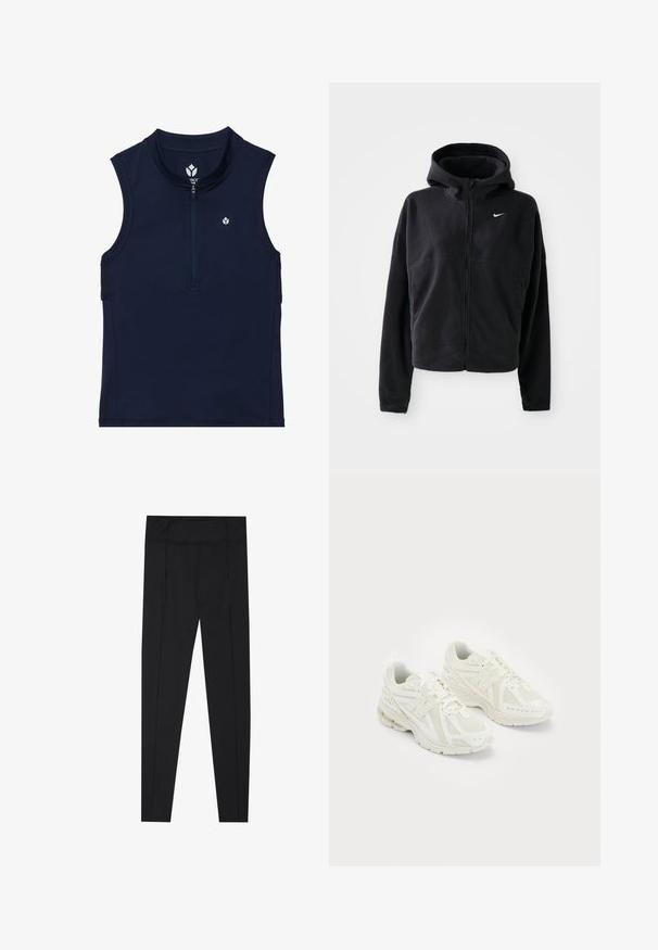 Casaco de fleece preto com capucho, fecho éclair à frente e logótipo da Nike bordado em branco no peito esquerdo. Apresenta um silhueta cropped.; Tshirt atlético sem mangas em azul-marinho, feito de tecido elástico, com um fecho na frente, gola redonda e um pequeno logo no peito.; Leggings pretos com uma textura suave, cintura alta e detalhes de costura ao longo dos lados. Design ajustado, adequado para várias atividades.; Ténis brancos desportivos com materiais em malha e sintéticos, design com atacadores, colarinho acolchoado e sola texturizada para melhor aderência. Construção leve.