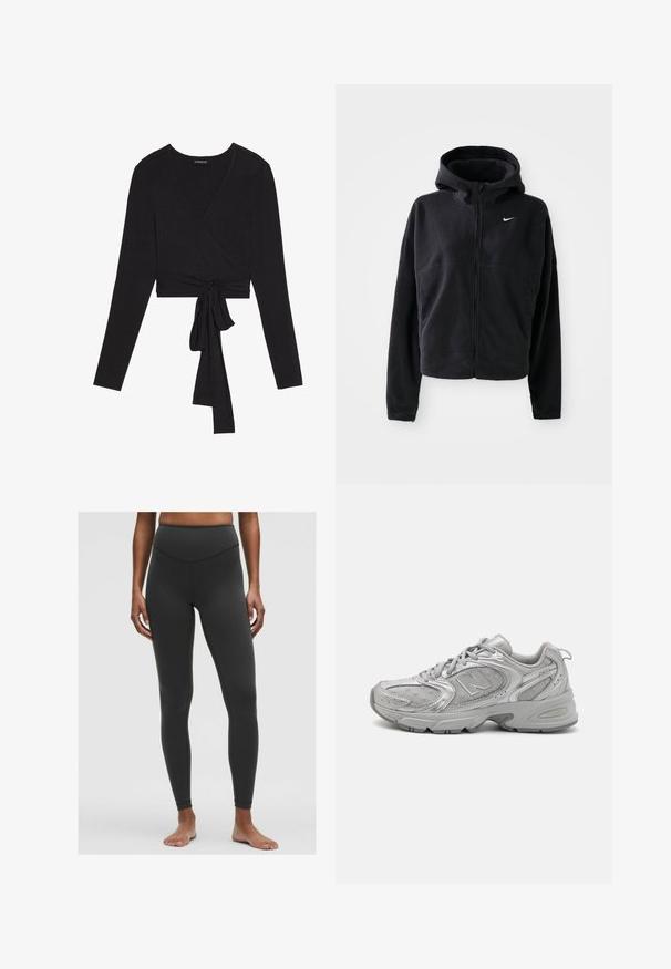 Černá fleecová bunda s kapucí, předním zipem a vyšívaným bílým logem Nike na levé části hrudi. Má zkrácený střih.; Even&Odd Top s dlouhým rukávem - black; Černé legíny s vysokým pasem, vyrobené z hladké, elastické látky. Přiléhavý střih se švy podél nohou, délka do kotníků a bez viditelných vzorů.; Stříbrná sportovní obuv s elegantním designem, síťovinovými panely, polstrovaným jazykem, texturovaným syntetickým svrškem a gumovou podrážkou pro ochranu proti skluzu.