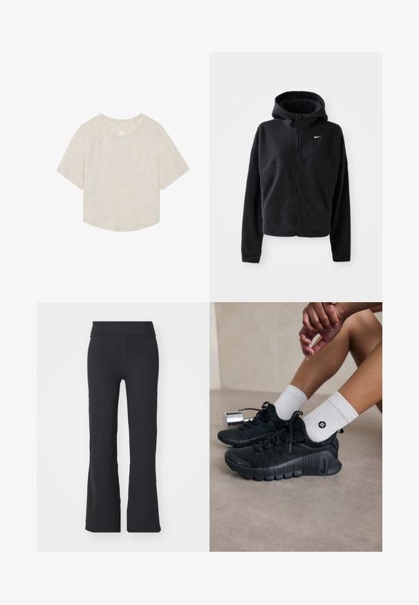 Black fleece jacket with a hood, zip front, and embroidered white Nike logo on the left chest. Features a cropped silhouette.; Light beige cropped t-shirt made of soft fabric, featuring a round neckline, short raglan sleeves, and a small logo on the chest.; Black flared pants made of stretchy fabric with a high waistband. Features clean lines and a smooth texture, suitable for casual wear.; Black athletic shoes with textured fabric, laced design, and a prominent sole, paired with white ribbed socks featuring a small logo.