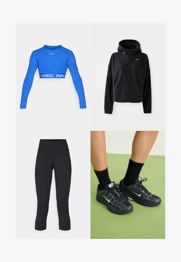 Casaco de fleece preto com capucho, fecho éclair à frente e logótipo da Nike bordado em branco no peito esquerdo. Apresenta um silhueta cropped.; Top cropped de manga longa azul, feito de tecido elástico. Apresenta o logotipo branco da Nike no peito e uma faixa ousada "NIKE PRO" na barra. Design ajustado.; Leggings pretos cropped feitos de tecido elástico, apresentando uma cintura alta e uma textura suave, sem padrões ou acessórios visíveis.; Ténis Nike pretos com malha e sobreposições sintéticas, apresentando detalhes refletivos, uma sola almofadada e meias pretas com nervuras.