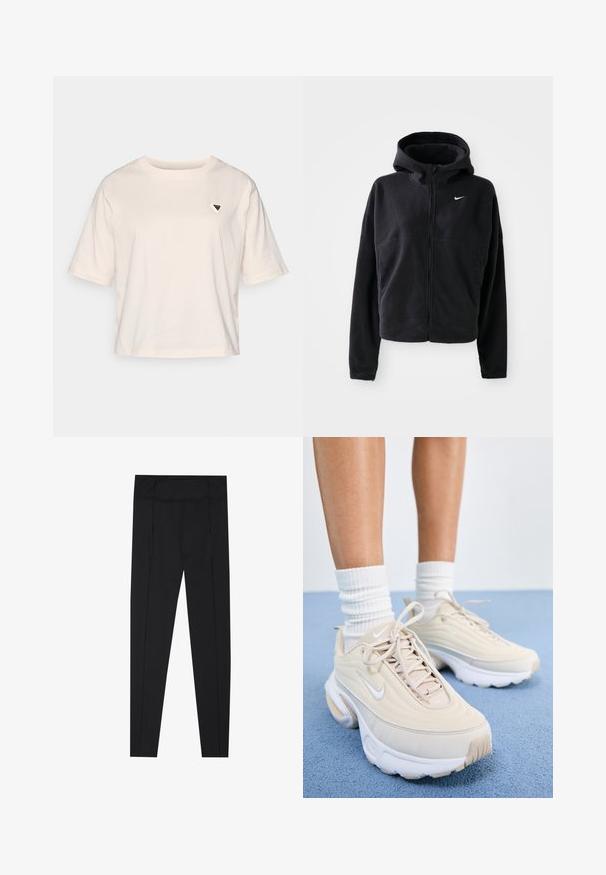 Crna fleec jakna s kapuljačom, prednjim patentnim zatvaračem i izvezenim bijelim Nike logotipom na lijevoj strani prsnog koša. Ima skraćeni kroj.; Svijetlo bež skraćeni majica od pamuka. Ima kratke rukave i mali trokutasti logotip na lijevoj strani prsnog koša. Jednostavan dizajn, opušteni kroj.; Crne tajice s glatkom teksturom, visokim strukom i detaljima šivanja duž strana. Uski kroj, prikladne za razne aktivnosti.; Bež sportske cipele s teksturiranim gornjim dijelom, bijelim vezicama i debelim bijelim potplatom. Dizajn sadrži suptilne obline i mali logo.