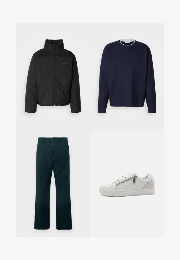 Fekete puffermellény magas gallérral, cipzáros elülső résszel és oldalsó zsebekkel. Simább, fényes textúra, minimális logóval a mellkason.; Tengerészkék kötött pulóver, kerek nyakkal, bordás gallérral és diszkrét hímzett "ck" logóval az elején. Hosszú ujjú, laza fazonú.; Sötétzöld, egyenes szabású nadrág övhurkokkal, oldalsó zsebekkel és gombos záródással, sima fehér háttér előtt.; Fehér sportcipő sima bőr anyagból, kontrasztos bézs velúr díszítéssel a sarkán, és cipzáras záródással az oldalon.