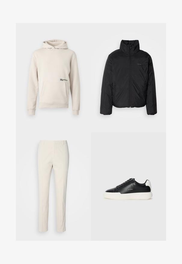 Črna puffer jakna z visokim ovratnikom, zadrgo spredaj in stranskimi žepi. Gladka, sijoča tekstura z minimalnim logotipom na prsih.; Svetlo bež kapuča, izdelana iz mehke tkanine, z sprednjim žepom in majhnim črnim logotipom na spodnjem levem delu.; Hlače kremaste barve, prirejene po meri, z teksturirano tkanino. Imajo ravno obliko, zanke za pas in dva sprednja žepa. Brez vzorcev.; Črne usnjene športne copate z belim gumijastim podplatom. Imajo okroglo konico, vezalko ter logotip na strani. Zadnji del je poudarjen v beli barvi.