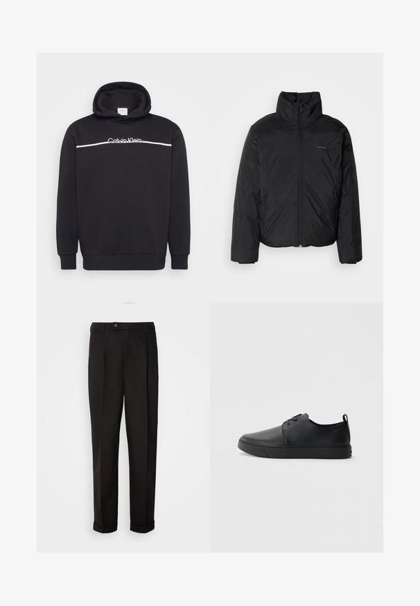 Fekete puffermellény magas gallérral, cipzáros elülső résszel és oldalsó zsebekkel. Simább, fényes textúra, minimális logóval a mellkason.; Fekete kapucnis pulóver pamut keverékből, fehér Calvin Klein logóval és vízszintes fehér csíkkal a mellkason. Állítható zsinóros kapucni.; Fekete nadrág sima textúrával, egyenes szabással, két elülső zsebbel és egy gombbal zárható derékkal.; Fekete bőr sportcipő sima felülettel, lekerekített orral, azonos színű varrással, fűzős elülső résszel és lapos gumitalppal. Hurok a sarkán.