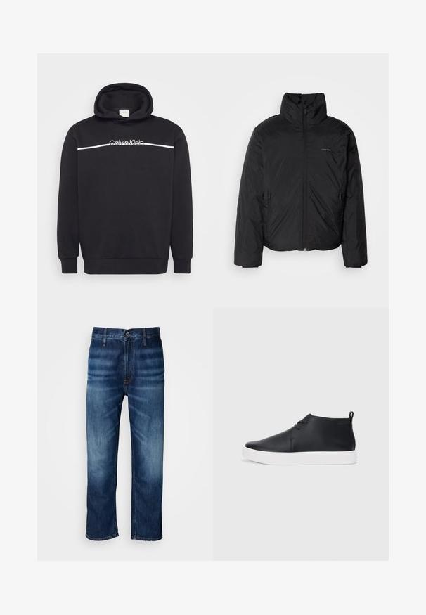 Svart puffjacka med hög krage, dragkedja framtill och sidofickor. Slät, glänsande textur med en minimal logotyp på bröstet.; Svart hoodie i bomullsblandning, med en vit Calvin Klein-logotyp och ett horisontellt vitt rand över bröstet. Justerbar dragsko i huvan.; Mörkblå rak ben jeans av denim med subtil blekning på låren och en knappstängning vid midjan, visad mot en vit bakgrund.; Svarta läderhögsneakers med en slät yta, vit gummisula och enkel snörning. Har en dragflik på baksidan.