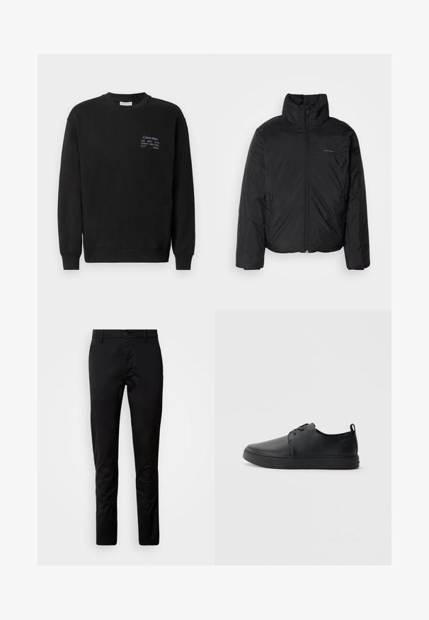 Chaqueta acolchada negra con cuello alto, cierre frontal y bolsillos laterales. Textura lisa y brillante con un logo minimalista en el pecho.; Sudadera de algodón negra con mangas largas, cuello redondo y puños de canalé. Presenta un bordado de la marca en azul en el pecho.; Pantalones negros de corte ajustado, fabricados con una tela suave. Presentan una cintura con cierre de botón y piernas rectas.; Zapatilla negra de cuero con acabado suave, punta redondeada, costuras a tono, cordones en la parte delantera y suela de goma plana. Asa en el talón.
