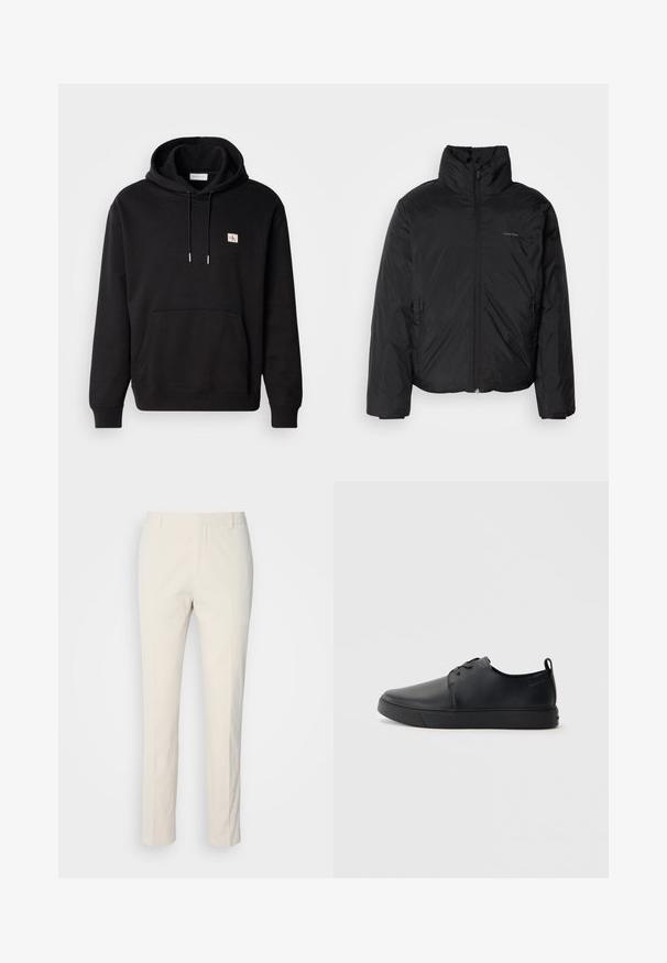 Čierna bundy s kapucňou, s vysokým golierom, so zipsom vpredu a bočnými vreckami. Hladká, lesklá textúra s minimálnym logom na hrudi.; Čierna mikina s kapucňou a klokaním vreckom, s nastaviteľnou šnúrkou na kapucni a malou nášivkou na hrudi. Vyrobená z mäkkej, textúrovanej tkaniny.; Béžové nohavice s prispôsobeným strihom a textúrovanou tkaninou. Majú rovný strih, pútka na opasok a dve predné vrecká. Bez vzorov.; Čierne kožené tenisky s hladkým povrchom, zaoblenou špičkou, tonálnym šitím, šnurovaním vpredu a plochou gumovou podrážkou. Obojok na päte.