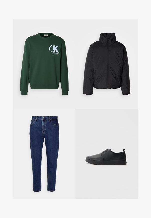 Svart pufferjakke med høy krage, glidelås foran og sidelommer. Glatt, blank tekstur med en minimal logo på brystet.; Grønn bomullsgenser med lange ermer, rund hals og hvit Calvin Klein-logo på brystet. Glatt tekstur og ribbede mansjetter.; Mørkeblå denimjeans med rette ben, fem lommer og knappestenge. Har subtil falming og sømdetaljer.; Svart lær sneakers med glatt overflate, rund tå, tonede sømmer, snøring foran og flat gummisåle. Løkke på hælen.