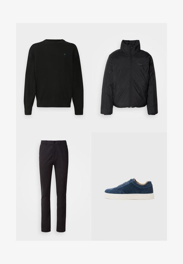 Czarna kurtka puchowa z wysokim kołnierzem, zapięciem na zamek z przodu i kieszeniami po bokach. Gładka, błyszcząca tekstura z minimalistycznym logo na klatce piersiowej.; Czarna bluza z okrągłym dekoltem, z ribbowanymi mankietami i dołem. Na piersi znajduje się małe zielone logo. Wykonana z miękkiego, lekkiego materiału.; Czarne spodnie wykonane z gładkiego materiału, z zapięciem na guzik, standardowym stanem i prostymi nogawkami. Brak widocznych wzorów lub ozdób.; Niebieskie zamszowe sneakersy z białą gumową podeszwą, sznurowana konstrukcja, zaokrąglony nosek i kontrastowe, brązowe wnętrze. Subtelne detale w przeszyciach.