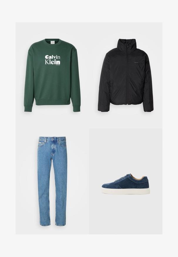 Črna puffer jakna z visokim ovratnikom, zadrgo spredaj in stranskimi žepi. Gladka, sijoča tekstura z minimalnim logotipom na prsih.; Zeleno športno jopico iz bombažnega vlakna s krožnim izrezom in rebrastimi manšetami. Na sprednji strani je bel logotip "Calvin Klein".; Svetlo modri traper hlače s ravnim krojem, ki imajo klasičen pet-pocket dizajn in gumbasto zapiranje v pasu. Brez opaznih vzorcev.; Modri semiš športni copati z belim gumijastim podplatom, zavezovanjem, okroglo konico in kontrastno rjav notranjostjo. Diskretni detajli šivov.