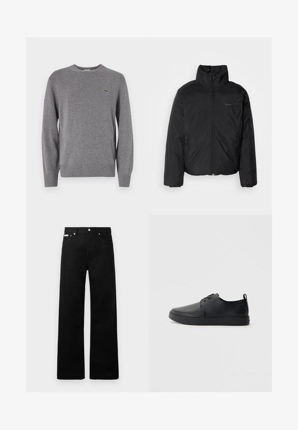 Czarna kurtka puchowa z wysokim kołnierzem, zapięciem na zamek z przodu i kieszeniami po bokach. Gładka, błyszcząca tekstura z minimalistycznym logo na klatce piersiowej.; Szary sweter z dzianiny z okrągłym dekoltem, ściągaczami przy mankietach i u dołu, z małym zielonym logo krokodyla na lewej piersi.; Czarne dżinsowe spodnie o szerokim kroju, z pięcioma kieszeniami i metalowymi guzikami. Gładka tekstura, bez widocznych wzorów.; Czarne skórzane sneakersy o gładkim wykończeniu, zaokrąglonym nosku, tonalnym przeszyciu, sznurowanym przodzie oraz płaskiej gumowej podeszwie. Pętla na pięcie.