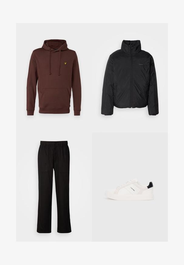 Giubbotto imbottito nero con colletto alto, chiusura a zip frontale e tasche laterali. Tessuto liscio e lucido con un logo minimale sul petto.; Lyle & Scott Felpa - deep mahogany; Pantaloni neri con vestibilità morbida, realizzati in tessuto leggero. Presentano un elastico in vita, chiusura con bottone e due tasche anteriori.; Sneakers bianche con accenti rosa chiaro e neri, caratterizzate da pannelli in pelle liscia e camoscio, punta tonda e suola piatta in gomma.