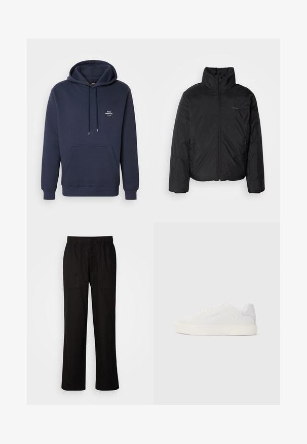 Svart pufferjakke med høy krage, glidelås foran og sidelommer. Glatt, blank tekstur med en minimal logo på brystet.; Marineblå hettegenser laget av myk bomull med kengurulomme, snor i hetten og liten hvit tekstlogo på brystet.; Svart bukser med avslappet passform, laget av lett stoff. Har elastisk midjebånd, knapplukking og to frontlommer.; Hvit sneakers med glatt syntetisk overdel, rund tå og flat hvit såle. Har ton-i-ton søm og minimal merkevare på siden.