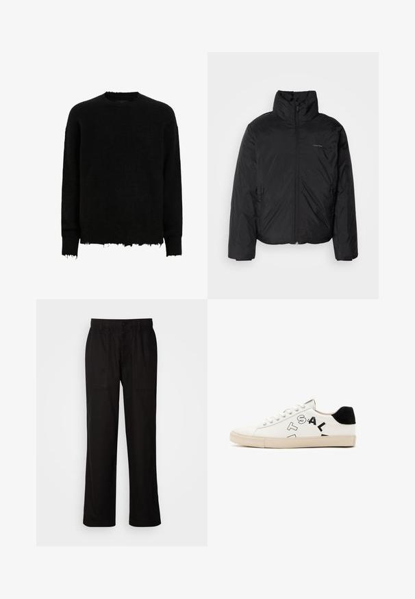 Must musträkk, millel on kõrge krae, lukuga ees ja küljetaskud. Sile, läikiv tekstuur ja minimaalne logo rinnal.; Mustast pikast varrukast crewneck-sviitril on rohelised servad varrukatel ja alläärtes, see on valmistatud pehmest ja karvast kudumist.; Mustad lõdva istuvusega mustad püksid, mis on valmistatud kergest kangast. Omavad elastset vöökohta, nööbiga sulgemist ja kahte esist taskut.; Valge nahkne tennis, millel on mustad aktsendid kandadel, julged mustad tähed küljel ja kummist tald. Minimalistlik disain.