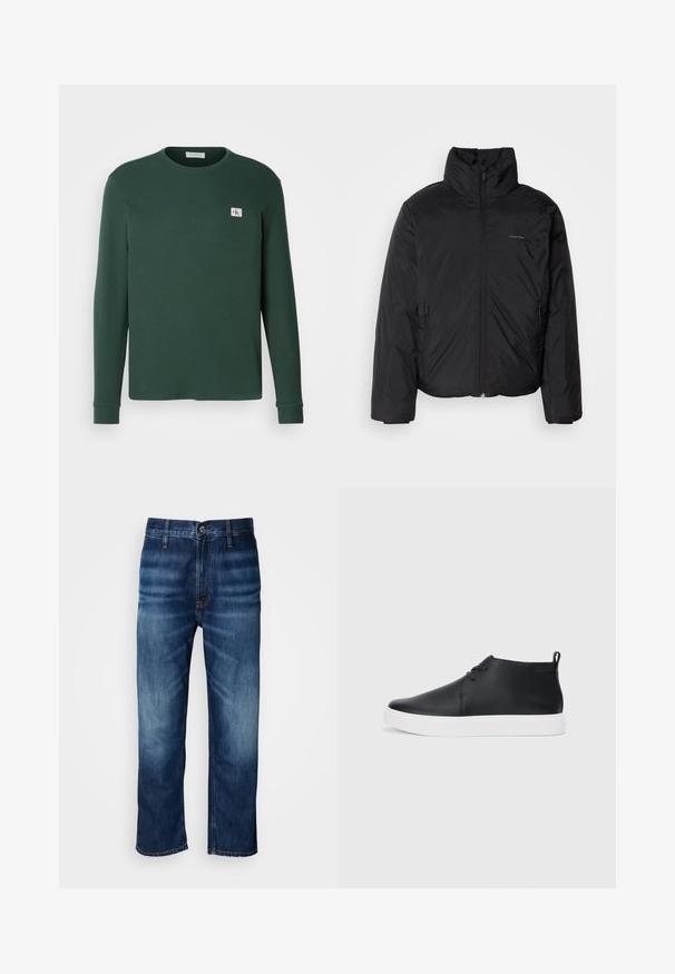 Jachetă pufă neagră cu guler înalt, fermoar frontale și buzunare laterale. Textură netedă și strălucitoare, cu un logo minim pe piept.; Pulover verde cu mânecă lungă, realizat dintr-o țesătură cu dungi, cu guler rotund. Prezintă o mică eticheta cu logo pe piept și manșete cu dungi.; Jeans din denim drept de culoare albastru închis, cu o ușoară decolorare pe coapse și un sistem de închidere cu nasture la talie, expuși pe un fundal alb.; Adidași negri din piele, cu vârf înalt, finisaj neted, talpă din cauciuc alb și un design simplu cu șireturi. Au un tab de prindere în partea din spate.