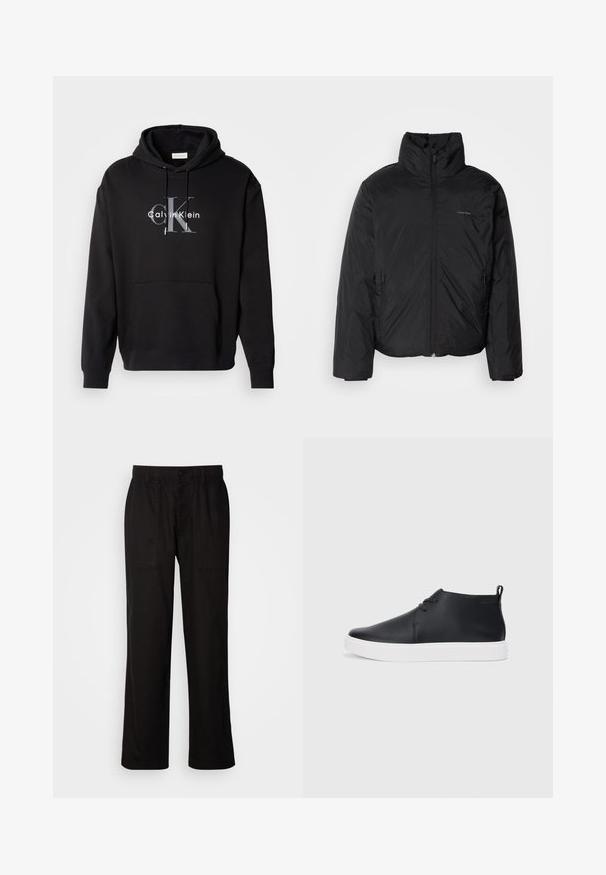 Svart pufferjakke med høy krage, glidelås foran og sidelommer. Glatt, blank tekstur med en minimal logo på brystet.; Svart hettegenser laget av en bomullsblanding, med en frontlomme og en trykket Calvin Klein-logo i grått og hvitt på brystet.; Svart bukser med avslappet passform, laget av lett stoff. Har elastisk midjebånd, knapplukking og to frontlommer.; Svart skinnhøye sneakers med glatt finish, hvit gummisole og enkelt snøringdesign. Har en løftestropp bak.