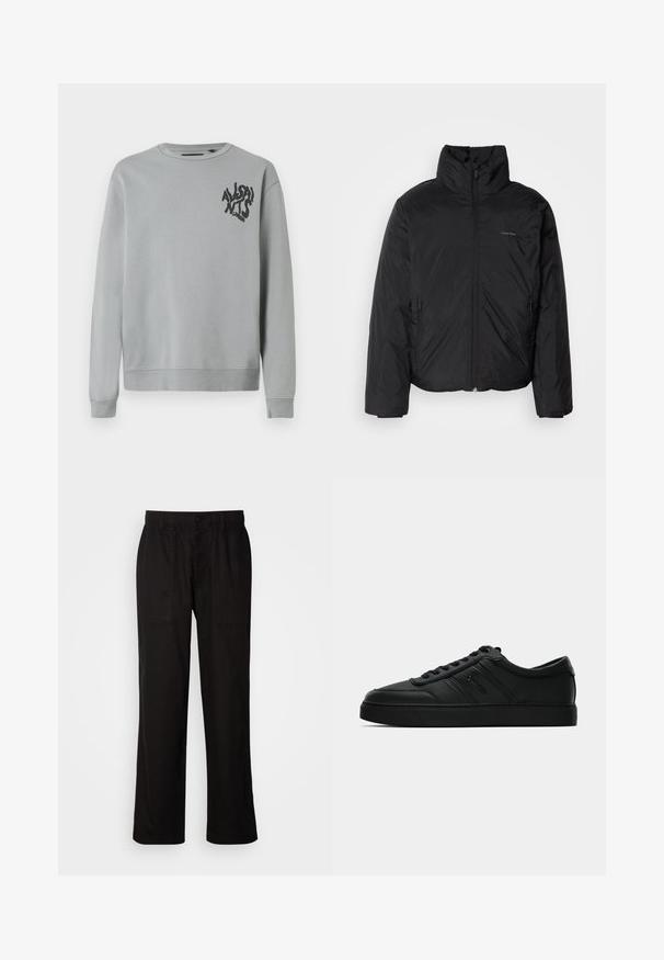 Fekete puffermellény magas gallérral, cipzáros elülső résszel és oldalsó zsebekkel. Simább, fényes textúra, minimális logóval a mellkason.; Világosszürke pulóver, puha anyagból készült, kerek nyakkivágással és hosszú ujjakkal. Fekete grafikai szöveg a bal mellrészen.; Fekete, laza szabású nadrág, könnyű anyagból készült. Rugalmas derékkal, gombos záródással és két elülső zsebbel rendelkezik.; Fekete bőrsneaker, alacsony profilú, kerek orrú, lapos fekete talppal és tonális varratokkal. Simás textúrájú és minimális márkázású kiegészítőkkel rendelkezik.