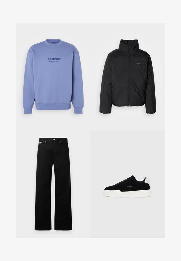 Casaco puffer preto com colarinho alto, fecho de correr na frente e bolsos laterais. Textura suave e brilhante com um logótipo minimalista no peito.; Sweatshirt azul claro com punhos e bainha canelados. Apresenta um decote redondo e um logotipo da Barbour International em azul marinho na frente.; Calças de ganga pretas com um design de pernas largas, apresentando cinco bolsos e fechos metálicos. Textura suave, sem padrões visíveis.; Sapatilha preta de cano baixo com sola e aba do calcanhar brancas, com atacadores à frente e logotipo da Calvin Klein na lateral.