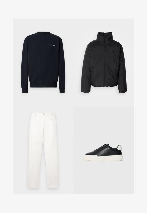 Svart pufferjakke med høy krage, glidelås foran og sidelommer. Glatt, blank tekstur med en minimal logo på brystet.; Mørk marineblå genser laget av bomull. Har rund hals, lange ermer, og to små hvite merkevarer på øvre venstre bryst.; Hvite bukser laget av glatt stoff, med rett ben-design, frontfolder og en enkelt knappelukking i livet.; Svart lær sneakers med hvit gummisåle. Har rund tå, snøring og logo detalj på siden. Bakakcent i hvitt.