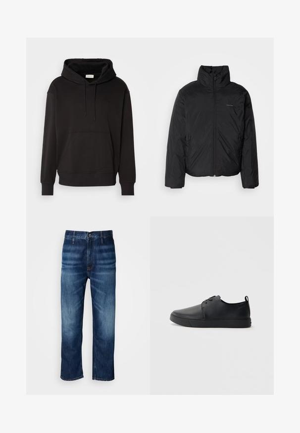 Melnā pūkainā jaka ar augstu apkakli, ar rāvējslēdzēju priekšpusē un sānu kabatām. Gluda, spīdīga tekstūra ar minimālu logotipu uz krūtīm.; Melnā kapuce, izgatavota no mīksta kokvilnas auduma, ar kangaroo kabatu, regulējamiem aukliņām un ribotām piedurknēm un apakšmalu. Izšūts logs priekšpusē.; Tumši zilie taisnās kājas džinsi ar vieglu izbalēšanu uz augšstilbiem un pogu aizdari jostasvietā, attēloti uz baltā fona.; Melnas ādas kedas ar gludu apdari, noapaļota purngala, tonāla šuvēm, auklu fronti un plakanu gumijas zoli. Cilpa pie papēža.