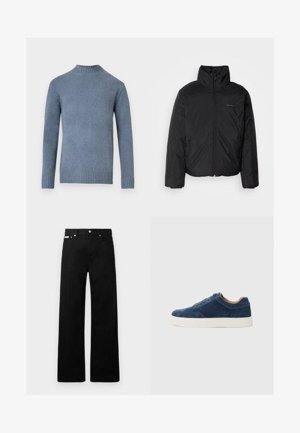 Črna puffer jakna z visokim ovratnikom, zadrgo spredaj in stranskimi žepi. Gladka, sijoča tekstura z minimalnim logotipom na prsih.; Modra pletena pulover s dolgimi rokavi, z rebrastim ovratnikom, manšetami in robom, prikazan na beli podlagi.; Črne jeans hlače širokega kroja, z petimi žepi in kovinskimi gumbi. Gladka tekstura, brez vidnih vzorcev.; Modri semiš športni copati z belim gumijastim podplatom, zavezovanjem, okroglo konico in kontrastno rjav notranjostjo. Diskretni detajli šivov.