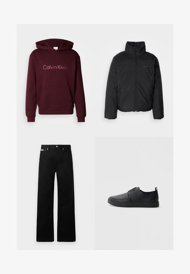 Črna puffer jakna z visokim ovratnikom, zadrgo spredaj in stranskimi žepi. Gladka, sijoča tekstura z minimalnim logotipom na prsih.; Burgundska kapucinska majica s prednjim žepom, s logotipom "Calvin Klein" v svetlejši barvi. Narejena iz mešanice mehkega bombažnega blaga.; Črne jeans hlače širokega kroja, z petimi žepi in kovinskimi gumbi. Gladka tekstura, brez vidnih vzorcev.; Črne usnjene športne čevlje z gladko površino, okroglo oblikovano nosilo, toniranim šivanjem, vezanjem spredaj in ravnim gumijastim podplatom. Zanko na peti.