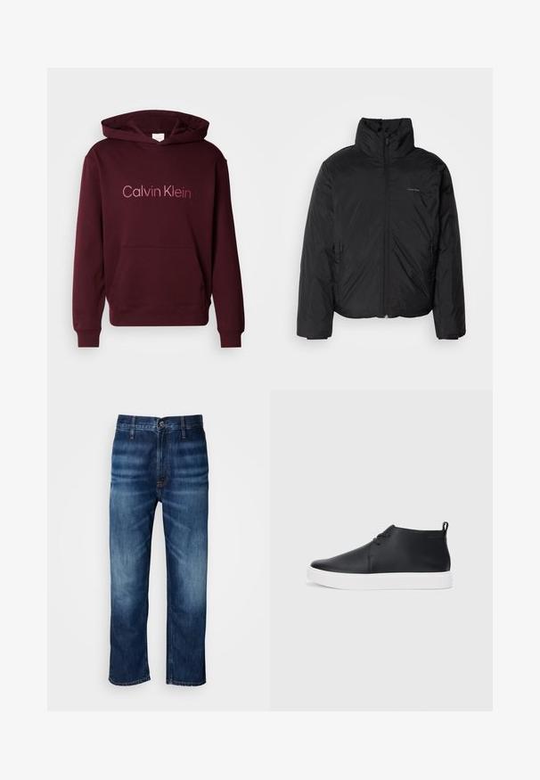 Casaco puffer preto com colarinho alto, fecho de correr na frente e bolsos laterais. Textura suave e brilhante com um logótipo minimalista no peito.; Sweatshirt com capuz burgundy e um bolso frontal, apresentando o logotipo "Calvin Klein" em texto mais claro. Feito de um tecido suave de mistura de algodão.; Calças de ganga de perna reta em azul escuro, com desbotamento sutil nas coxas e fecho de botão na cintura, exibidas sobre um fundo branco.; Sapatilhas altas de couro preto com um acabamento suave, sola de borracha branca e um design simples de atacadores. Apresenta uma alça na parte de trás.