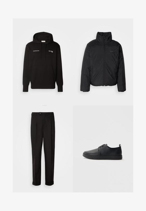 Černá péřová bunda s vysokým límcem, zipovým uzávěrem vpředu a bočními kapsami. Hladká, lesklá textura s minimálním logem na hrudi.; Calvin Klein Jeans 1978 HOODIE - Mikina s kapucí - black; Černé kalhoty s hladkou texturou, rázovaného střihu, dvěma předními kapsami a jedním knoflíkovým zapínáním v pase.; Černé kožené tenisky s hladkým povrchem, zaoblenou špičkou, tónovým prošíváním, šněrovacím uzávěrem a plochou gumovou podrážkou. Očko na patě.