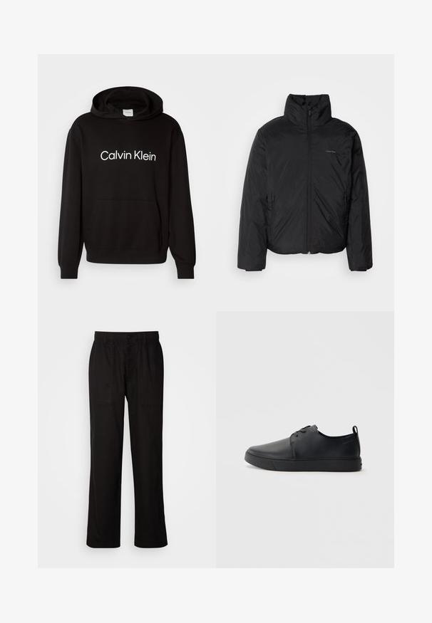 Black puffer jacket with a high collar, zipper front, and side pockets. Smooth, shiny texture with a minimal logo on the chest.; Black cotton hoodie with a front pocket, featuring white "Calvin Klein" logo across the chest and ribbed cuffs and hem.; Black pants with a relaxed fit, made from lightweight fabric. Features an elastic waistband, button closure, and two front pockets.; Black leather sneaker with a smooth finish, rounded toe, tonal stitching, lace-up front, and a flat rubber sole. Loop at the heel.