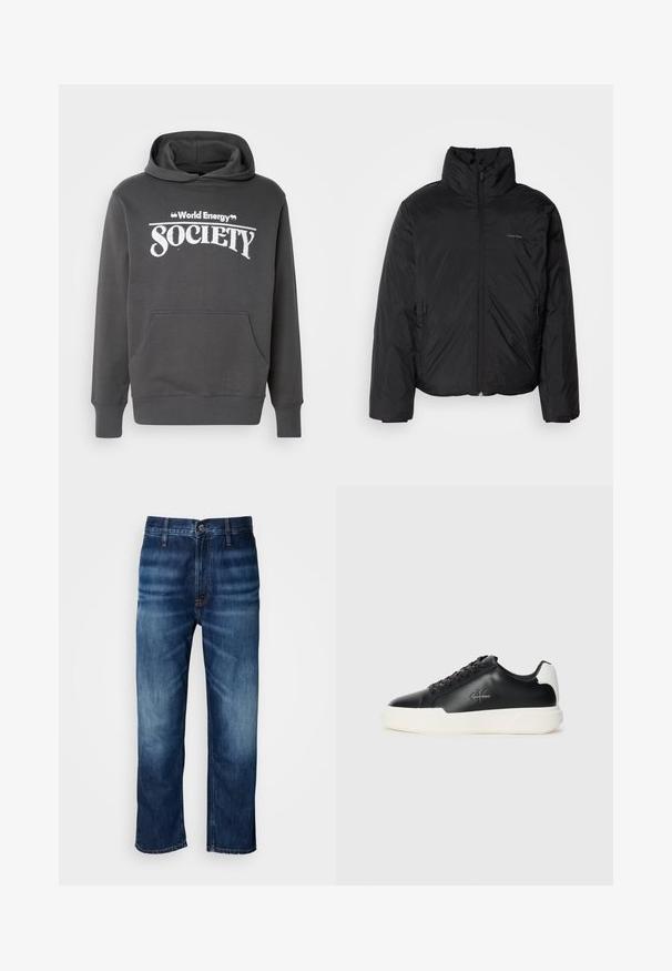 Čierna bundy s kapucňou, s vysokým golierom, so zipsom vpredu a bočnými vreckami. Hladká, lesklá textúra s minimálnym logom na hrudi.; Šedá mikina s kapucňou vyrobená z mäkkého materiálu, funkčná predná vrecko, lemované manžety a biely nápis "World Energy Society" potlačený na hrudi.; Tmavomodré rovné džínsy s jemným vyblednutím na stehnách a zapínaním na gombík v páse, vystavené na bielom pozadí.; Čierne kožené tenisky s bielou gumovou podrážkou. Vybavené okrúlym špičkou, dizajnom na šnurovanie a detailom loga na boku. Zadný akcent v bielej farbe.