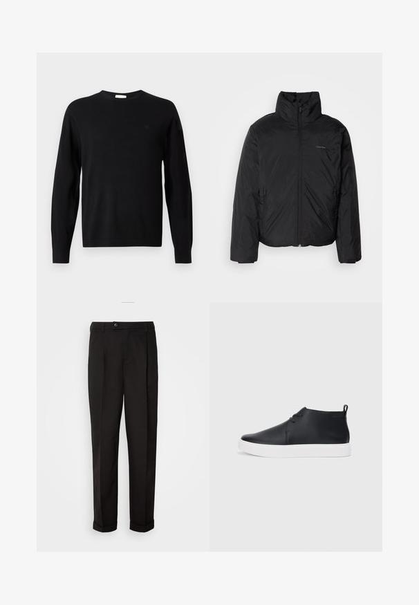 Melnā pūkainā jaka ar augstu apkakli, ar rāvējslēdzēju priekšpusē un sānu kabatām. Gluda, spīdīga tekstūra ar minimālu logotipu uz krūtīm.; Melns garais piedurkņu kreklis ar apaļu kaklu un diskrētu "cK" logo kreisajā krūtī, ar ribinātiem piedurkņu galiem un apakšmalu, attēlots uz baltas fona.; Melnas bikses ar gludu tekstūru, diviem priekšējiem kabatām, taisnas griezuma un ar vienu pogu vidukļa daļā.; Melnas ādas augstas tenisa kurpes ar gludu apdari, baltu gumijas zoli un vienkāršu šņorēšanas dizainu. Aizmugurē ir vilkšanas cilpa.