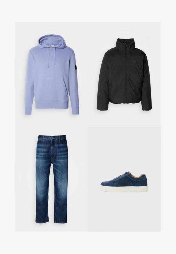Jachetă pufă neagră cu guler înalt, fermoar frontale și buzunare laterale. Textură netedă și strălucitoare, cu un logo minim pe piept.; Hanorac albastru deschis dintr-un material moale, dotat cu un buzunar frontal, glugă cu șnur și mânici și margine ribbed. Detaliu subtil de cusătură încrucișată.; Jeans din denim drept de culoare albastru închis, cu o ușoară decolorare pe coapse și un sistem de închidere cu nasture la talie, expuși pe un fundal alb.; Adidași din suede albastru cu talpă din cauciuc alb, design cu șireturi, vârf rotund și interior contrastant de nuanță bej. Detalii fine de cusătură.