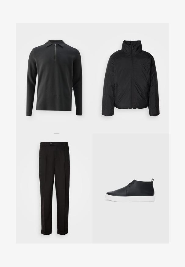 Črna puffer jakna z visokim ovratnikom, zadrgo spredaj in stranskimi žepi. Gladka, sijoča tekstura z minimalnim logotipom na prsih.; Samsøe Samsøe GUNA HALF ZIP - Pulover - volcanic ash; Črne hlače z gladko teksturo, z ravnim krojem, dvema sprednjima žepoma in zapiranjem na en gumb v pasu.; Črne usnjene visoke superge s gladko površino, bela gumijasta podloga in preprosta zasnova vezalk. Imajo držalo na hrbtni strani.