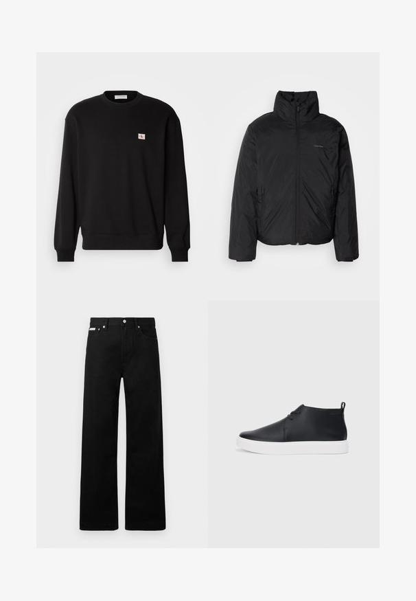 Casaco puffer preto com colarinho alto, fecho de correr na frente e bolsos laterais. Textura suave e brilhante com um logótipo minimalista no peito.; Sweatshirt de algodão preto com gola redonda e mangas longas, apresentando um pequeno emblema retangular no peito e punhos canelados.; Calças de ganga pretas com um design de pernas largas, apresentando cinco bolsos e fechos metálicos. Textura suave, sem padrões visíveis.; Sapatilhas altas de couro preto com um acabamento suave, sola de borracha branca e um design simples de atacadores. Apresenta uma alça na parte de trás.