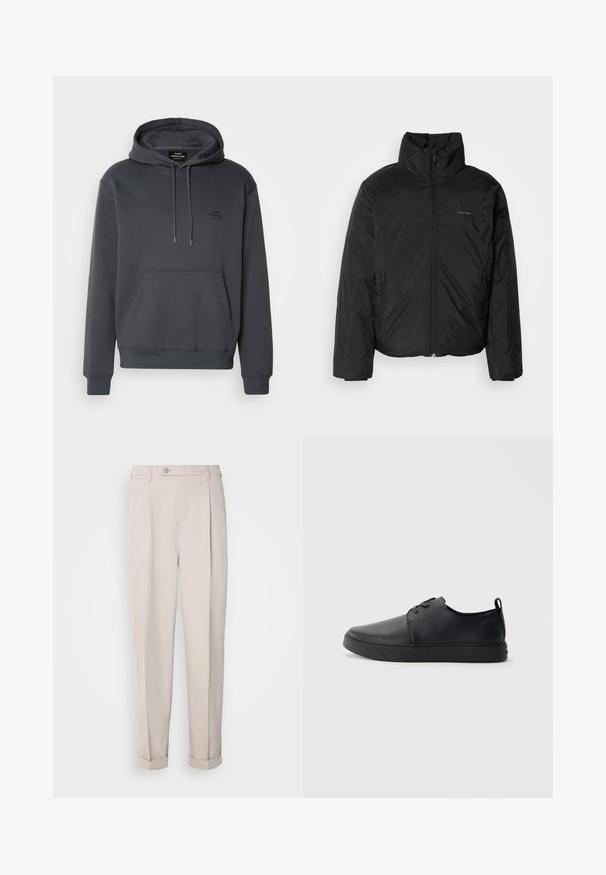 Casaco puffer preto com colarinho alto, fecho de correr na frente e bolsos laterais. Textura suave e brilhante com um logótipo minimalista no peito.; Sweatshirt capuz cinza escuro feito de uma mistura de algodão macio. Apresenta um bolso frontal, cordões e uma impressão discreta do logo no peito.; Calças bege feitas de tecido suave, com um corte reto, pregas simples e bainhas dobradas. Inclui um fecho de botão na frente.; Sapatilha de couro preta com um acabamento liso, bico arredondado, costura ton sur ton, frente com atacadores e sola plana de borracha. Alça no calcanhar.