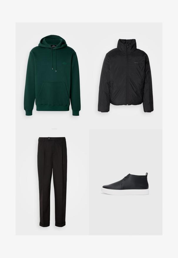 Černá péřová bunda s vysokým límcem, zipovým uzávěrem vpředu a bočními kapsami. Hladká, lesklá textura s minimálním logem na hrudi.; Tmavě zelená mikina s kapucí vyrobena z měkké tkaniny, s přední kapsou, nastavitelnou kapucí na šňůrku a minimálním logem na hrudi.; Černé kalhoty s hladkou texturou, rázovaného střihu, dvěma předními kapsami a jedním knoflíkovým zapínáním v pase.; Černé kožené vysoké tenisky s hladkým povrchem, bílou gumovou podrážkou a jednoduchým šněrováním. Obsahují poutko na zadní straně.