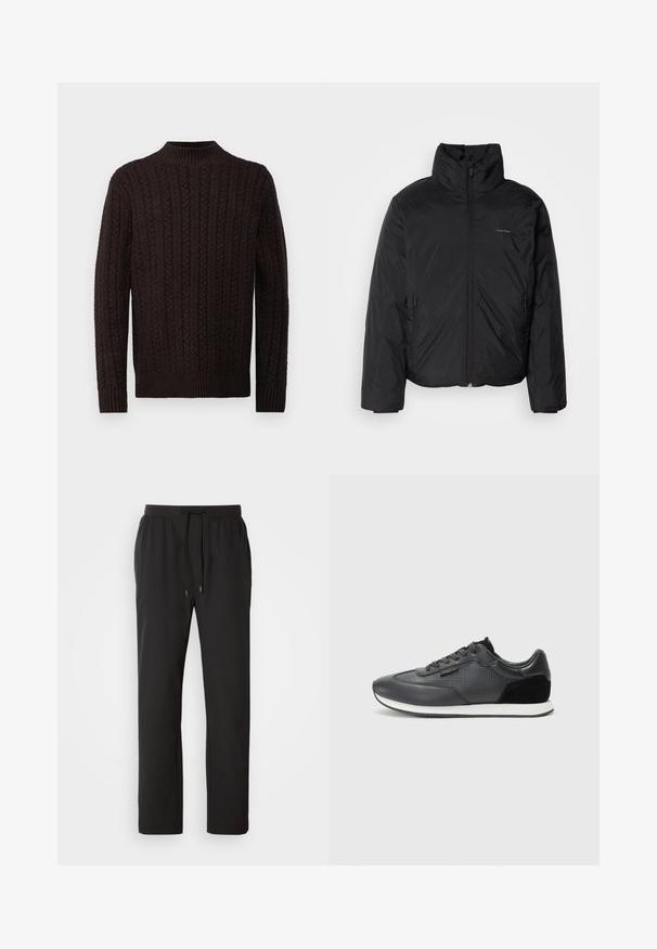Schwarze Daunenjacke mit hohem Kragen, Reißverschluss auf der Vorderseite und Seitentaschen. Glatte, glänzende Textur mit einem minimalen Logo auf der Brust.; Dunkelbrauner gestrickter Pullover mit strukturiertem Rippenmuster und Rundhalsausschnitt. Lange Ärmel mit gerippten Bündchen und Saum, die ein Zopfmuster zeigen.; Schwarze Jogginghosen aus leichtem Stoff, mit einem elastischen Bund und verstellbaren Kordeln sowie Seitentaschen. Glatte Textur.; Schwarze Sportsneakers mit einem Obermaterial aus Leder, versehen mit perforierten Details, Wildlederakzenten und einer weißen Gummisohle. Klassisches Schnürdesign.